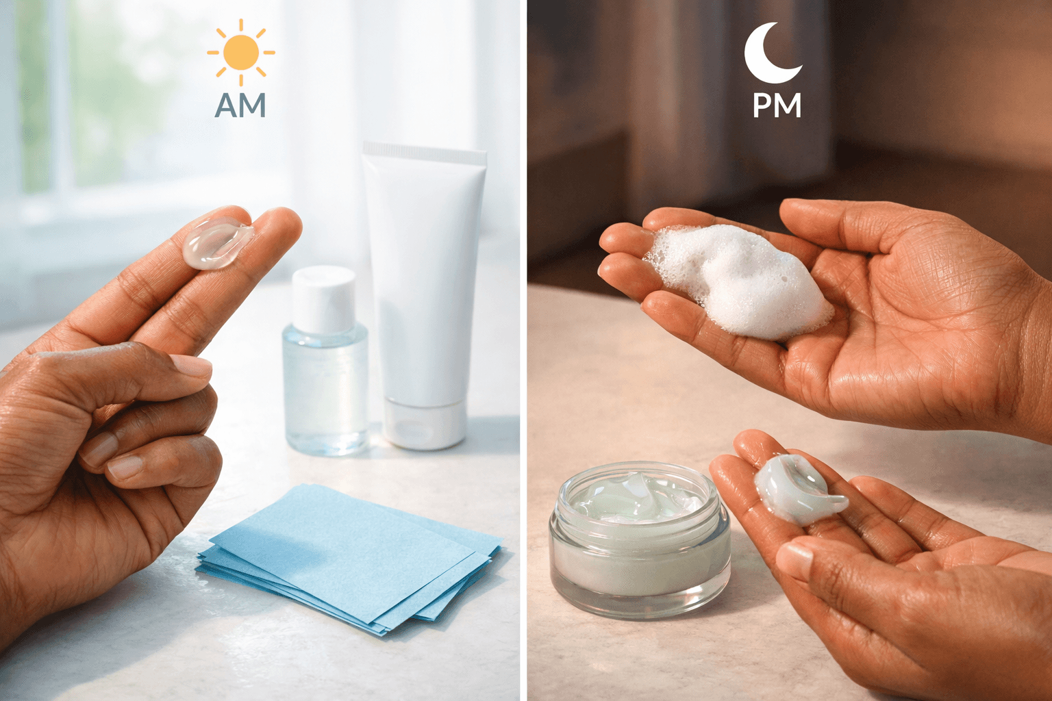 AM and PM skincare routine texture comparison on Indian skin showing lightweight daytime products and richer night care