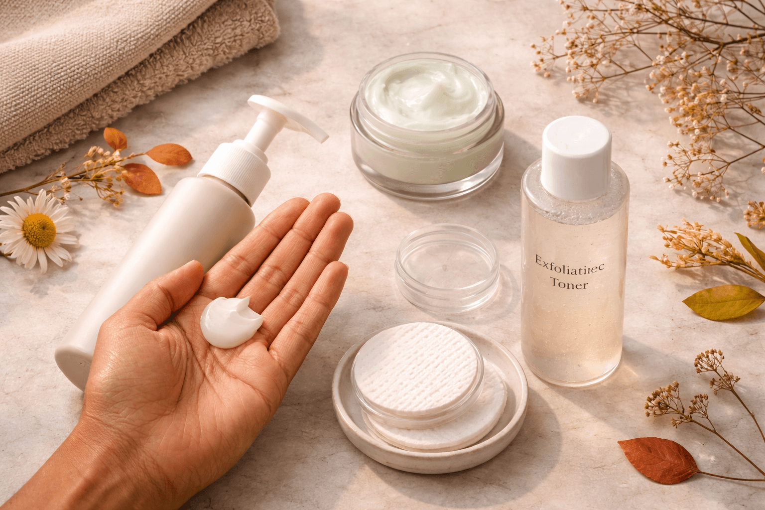 Simple skincare routine showing cleanser, toner, and moisturizer used consistently for healthy skin