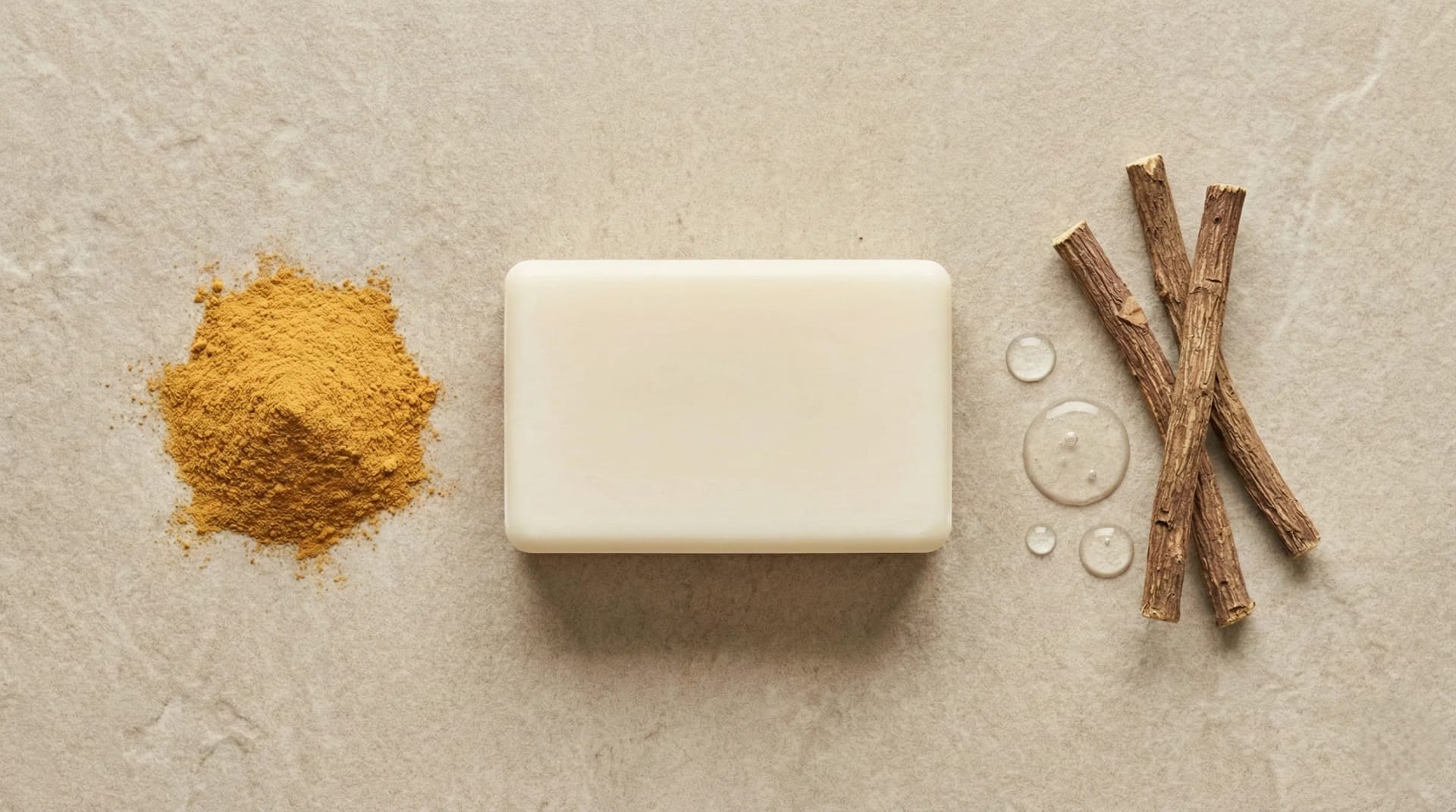 Ethiglo soap bar displayed with natural turmeric powder and licorice roots