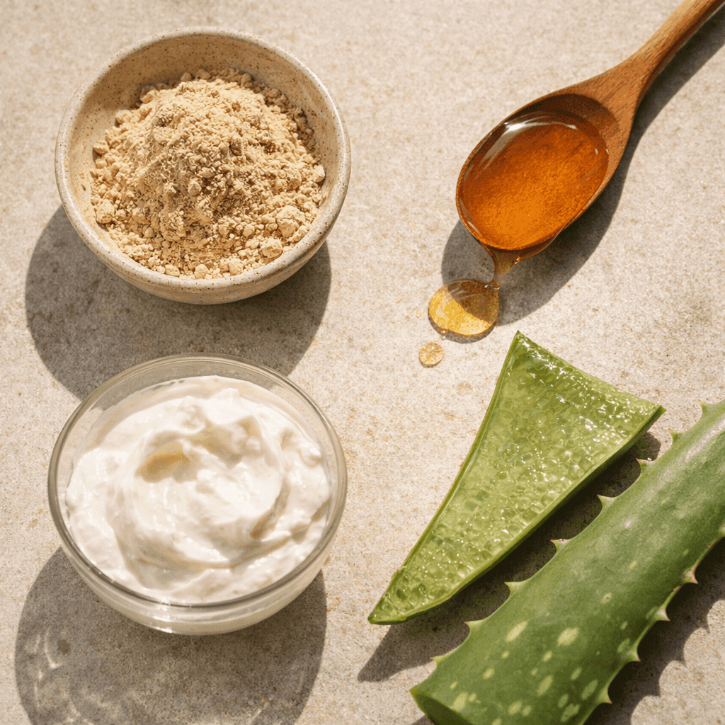 Flatlay of Multani Mitti powder, raw honey, fresh curd, and aloe vera leaf on a stone surface