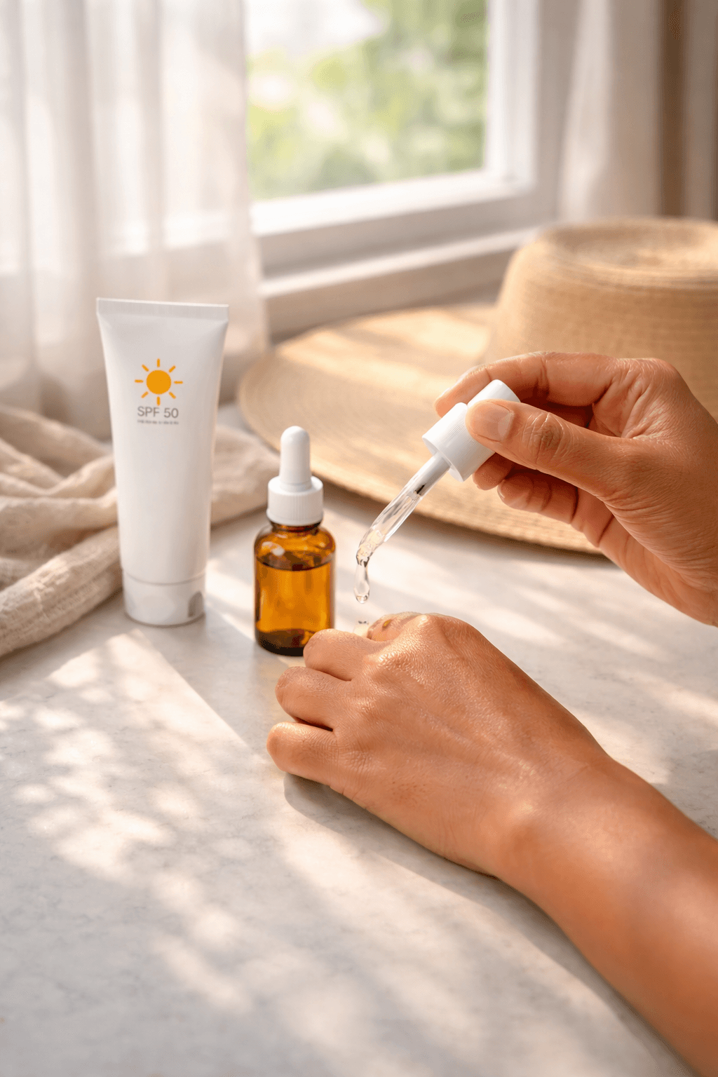 Applying vitamin C serum and sunscreen in a morning skincare routine to prevent dark spots and pigmentation